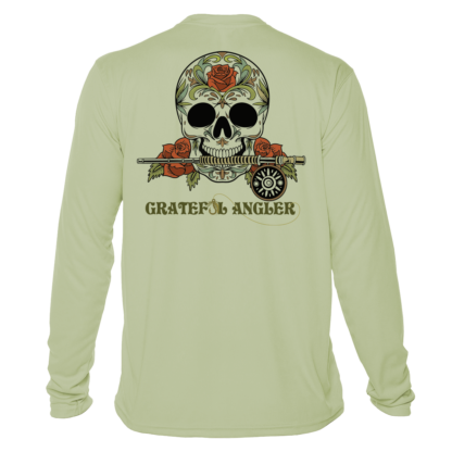 A Grateful Angler Fly Fishing Sugar Skull UV shirt with a skull and roses on it.