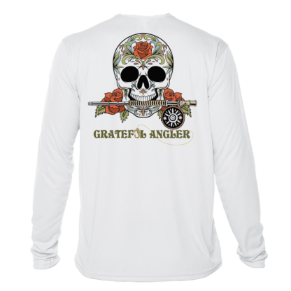 A Grateful Angler Fly Fishing Sugar Skull UV shirt with skull and roses on it.