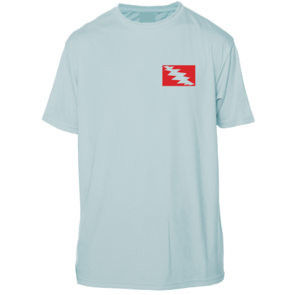 A Grateful Diver Skeleton Diver Short Sleeve UV Shirt with a red and white flag on it.