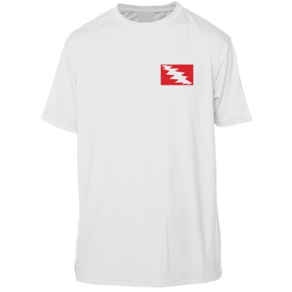 A Grateful Diver Skeleton Diver Short Sleeve UV Shirt with a red and white flag on it.