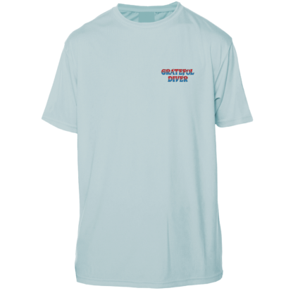 A light blue Grateful Diver Classic Short Sleeve UV Shirt with a blue and red logo.