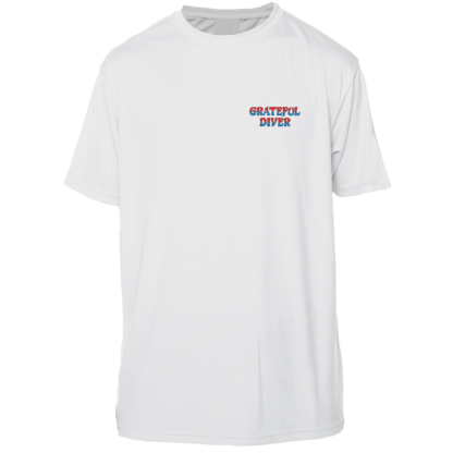 A Grateful Diver Classic Short Sleeve UV Shirt with a blue and red logo.