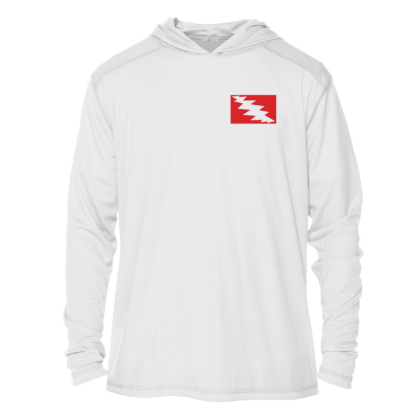 A Grateful Diver Skeleton Diver UPF 50+ Hoodie with a red and white flag on it.