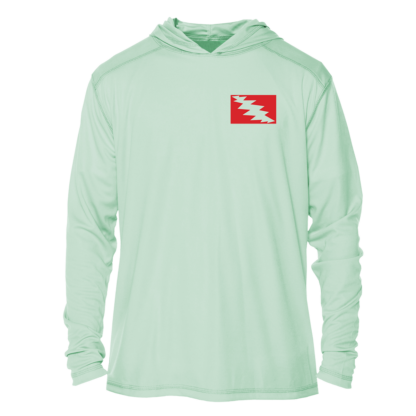 A Grateful Diver Skeleton Diver UPF 50+ Hoodie with a red and white flag on it, perfect for sun protective clothing.