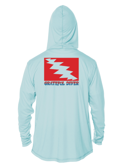 A light blue Grateful Diver Classic UV Hoodie with the words grateful river on it.