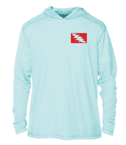 A Grateful Diver Skeleton Diver UV Hoodie with a red and white flag on it.