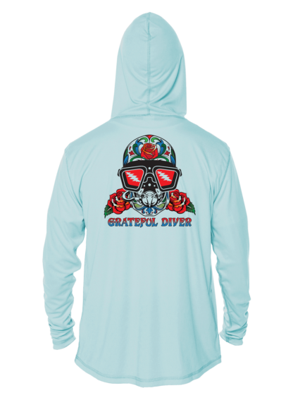 A Grateful Diver Sugar Skull UV Hoodie with a skull and roses on it.