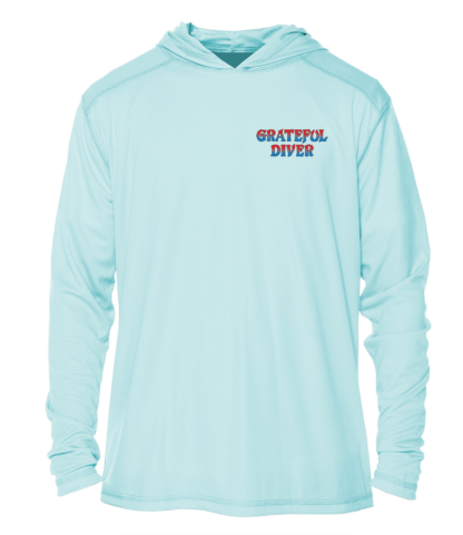 A light blue Grateful Diver Classic UV Hoodie with the words grateful diver on it.