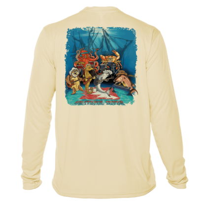 A men's long-sleeved Grateful Diver Underwater Jam UV Shirt with an image of a man and a woman.