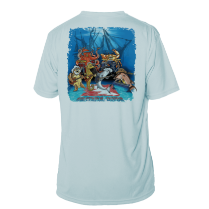 A Grateful Diver Underwater Jam Short Sleeve UV Shirt with an image of a shark and a turtle.
