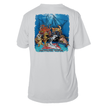 A Grateful Diver Underwater Jam Short Sleeve UV Shirt with an image of a shark and a fish.