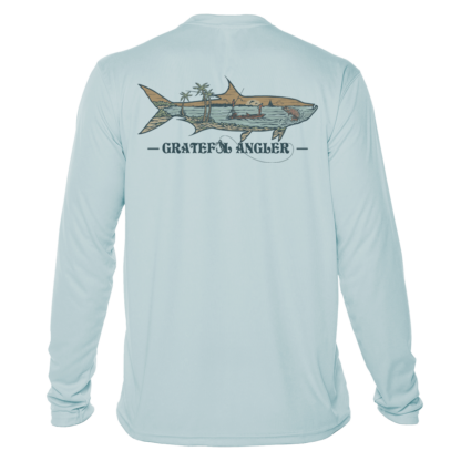 A Grateful Angler Keys Tarpon UV Shirt with an image of a shark.