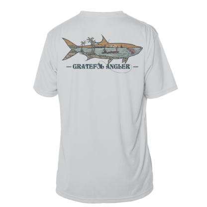 A Grateful Angler Keys Tarpon Short Sleeve UV Shirt with an image of a shark on it.