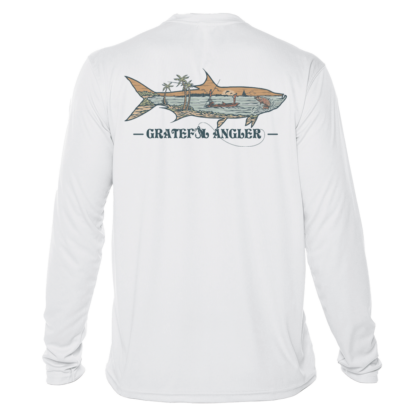 A Grateful Angler Keys Tarpon UV Shirt with an image of a shark.
