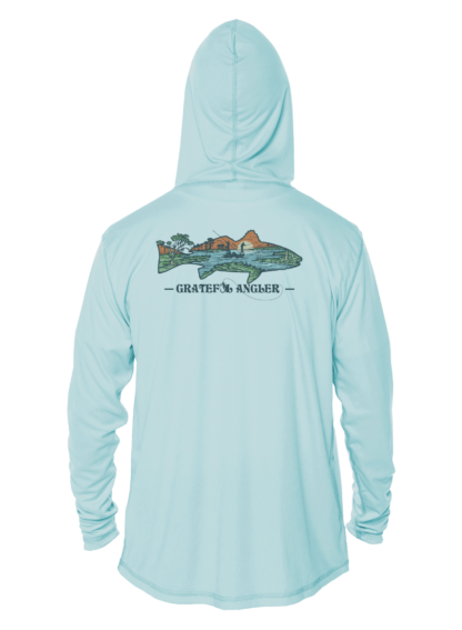 The Grateful Angler Lowcountry Redfish UV Hoodie with an image of an airplane on it.