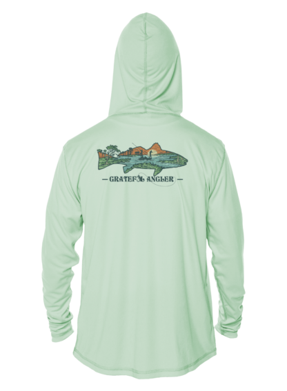 A Grateful Angler Lowcountry Redfish UV Hoodie with an airplane on it.