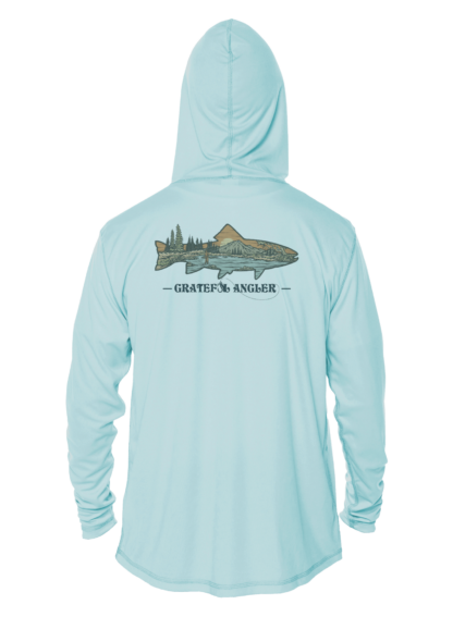 A Grateful Angler Mountain Trout UV Hoodie with the image of a fish on it.