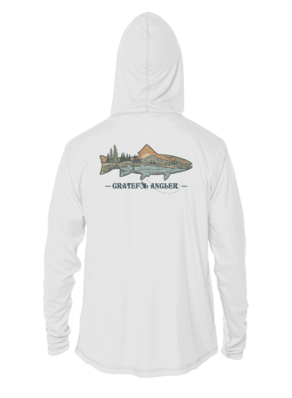 A Grateful Angler Mountain Trout UV Hoodie with an image of a lake.