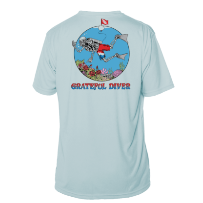 A light blue Grateful Diver Skeleton Diver Short Sleeve UV Shirt with the words grateful river on it.