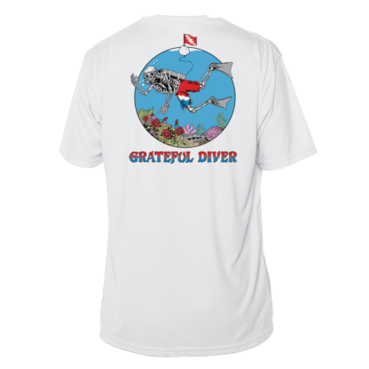 A white Grateful Diver Skeleton Diver Short Sleeve UV Shirt with the words grateful river on it.