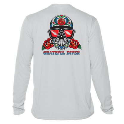 A Grateful Diver Sugar Skull UV Shirt with a skull and roses on it.