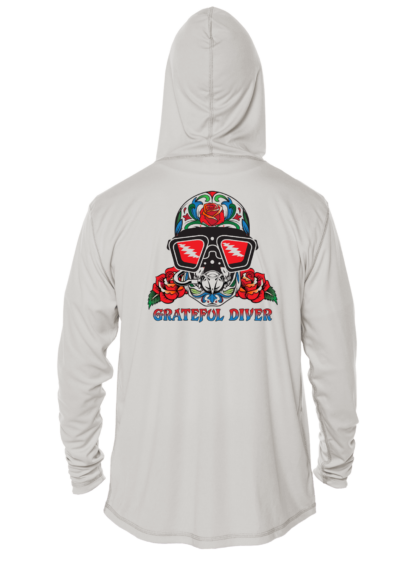 A Grateful Diver Sugar Skull UV Hoodie with a skull and roses on it.