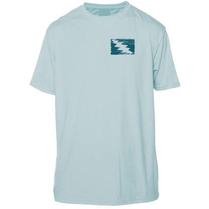 A light blue Grateful Diver Dive Tanks UV Shirt with a wave on it.