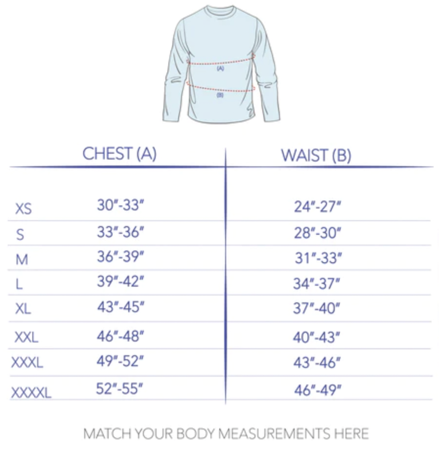 The measurements for a men's long sleeve shirt.