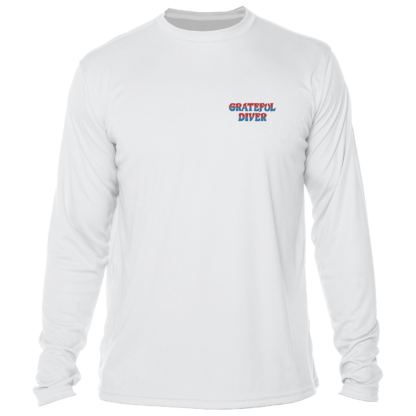 A white long-sleeve Grateful Diver Underwater Jam UV Shirt with a blue and red logo.