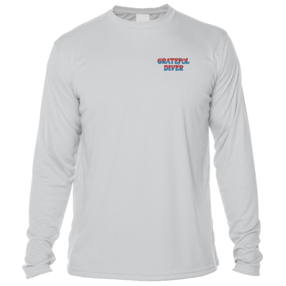 The men's Grateful Diver Underwater Jam UV Shirt with a blue and red logo.
