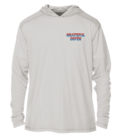A white Grateful Diver Sugar Skull UV Hoodie with the words grateful diver on it.