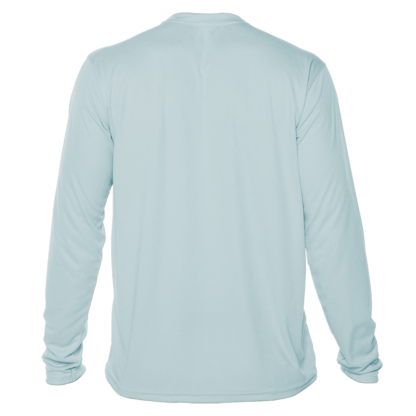 Back view of a blank Arctic blue UV performance shirt from Key West Sun Shirts, displaying the rash guard sun shirt material.