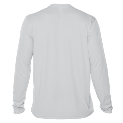 Back view of a blank pearl grey UV performance shirt from Key West Sun Shirts, displaying the rash guard sun shirt material.