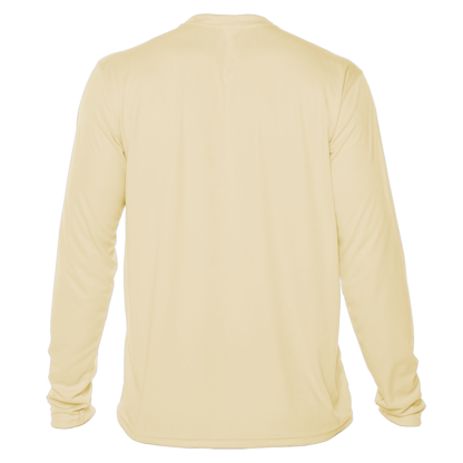Back view of a blank pale yellow UV performance shirt, exemplifying the durable material of a rash guard sun shirt, available at Key West Sun Shirts.