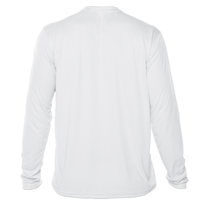 Back view of a blank white UV performance shirt from Key West Sun Shirts, displaying the rash guard sun shirt material.
