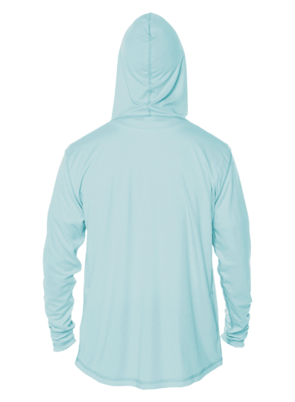Rear view of a blank arctic blue UV performance shirt, showcasing the quality of the rash guard sun shirt fabric.