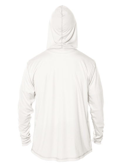 The back view of a white performance shirt.