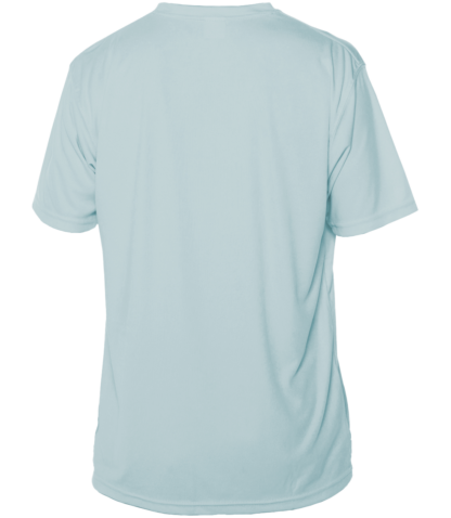 Back view of a blank arctic blue UV performance short sleeve shirt from Key West Sun Shirts, displaying the rash guard sun shirt material.