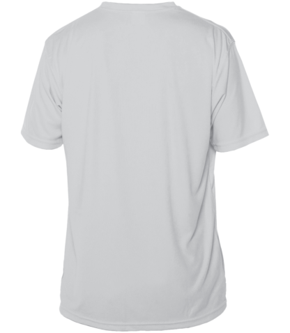 Back view of a blank pearl grey UV performance short sleeve shirt from Key West Sun Shirts, displaying the rash guard sun shirt material.