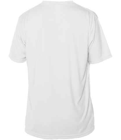 Back view of a blank white UV performance short sleeve shirt from Key West Sun Shirts, displaying the rash guard sun shirt material.