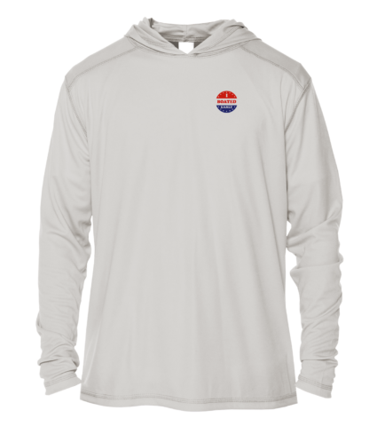 A Key West Sun Shirts - I Boated Early - UV Hoodie with a red, blue and white logo.