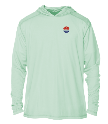 A mint green Key West Sun Shirts - I Boated Early - UV Hoodie with an red and blue logo.