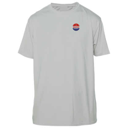 A white Key West Sun Shirt - I Boated Early - UV Crew Short Sleeve with a red, blue and white logo.