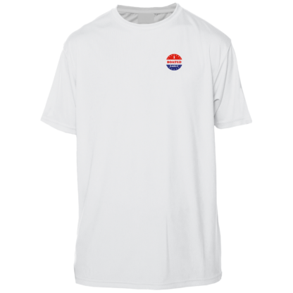A Key West Sun Shirts - I Boated Early - UV Crew Short Sleeve with a red, blue and white logo.