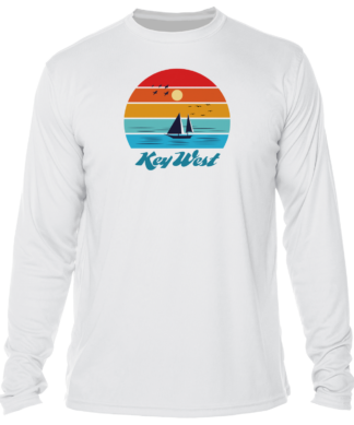 A white long - sleeve t - shirt with a sailboat and sunset.