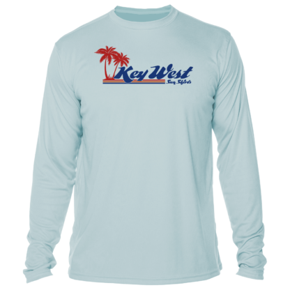 A light blue Key West Sun Shirts - Retro Logo - UV Crew Long Sleeve with the word Key West on it.