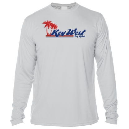 A white Key West Sun Shirts - Retro Logo - UV Crew Long Sleeve with the word Key West on it.