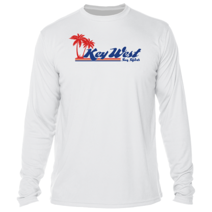 A white Key West Sun Shirts - Retro Logo - UV Crew Long Sleeve with the word Key West on it, suitable as a rash guard.
