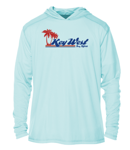 A light blue Key West Sun Shirts - Retro Logo - UV Hoodie.