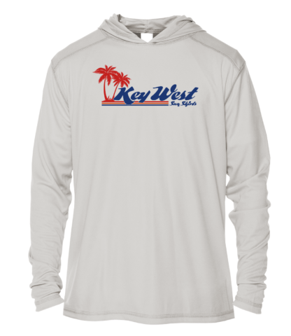 A Key West Sun Shirts - Retro Logo - UV Hoodie with the word Key West on it.